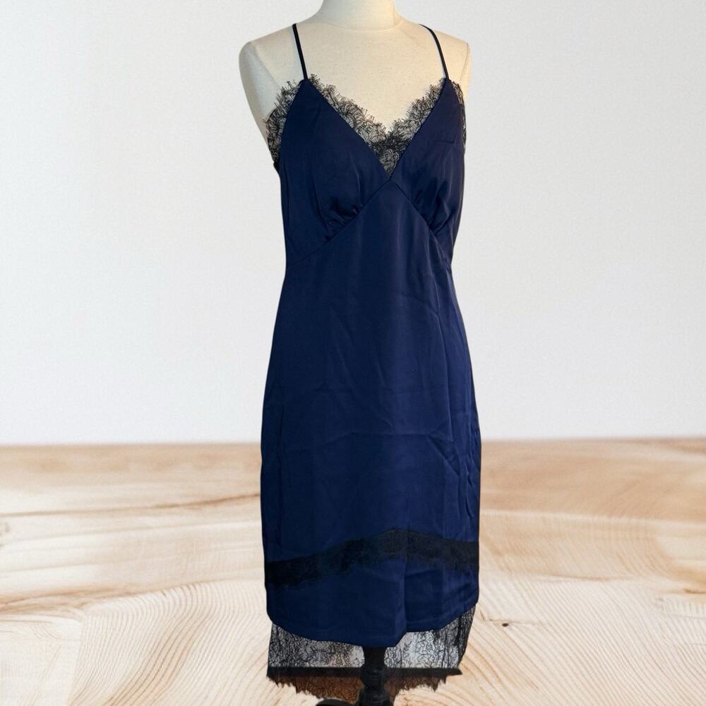 Adelyn Rae Dark Navy Blue Slip Midi Dress Sz M with Black Lace Trim Side Zipper